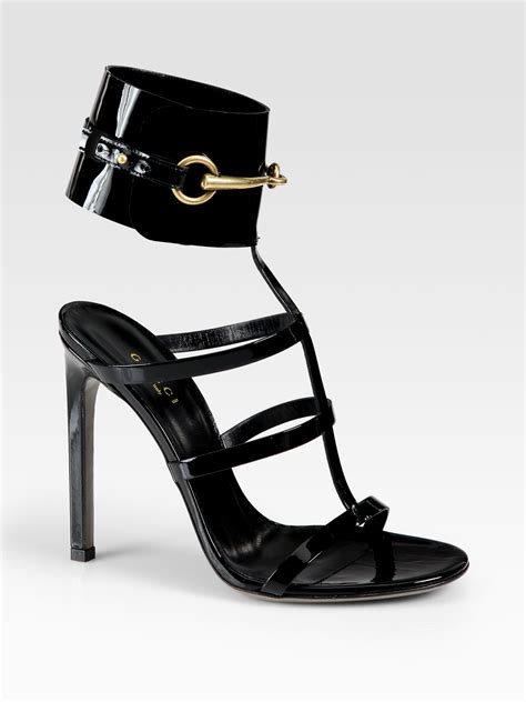 gucci black patent leather logo t-strap sandals|Designer Sandals for Women .